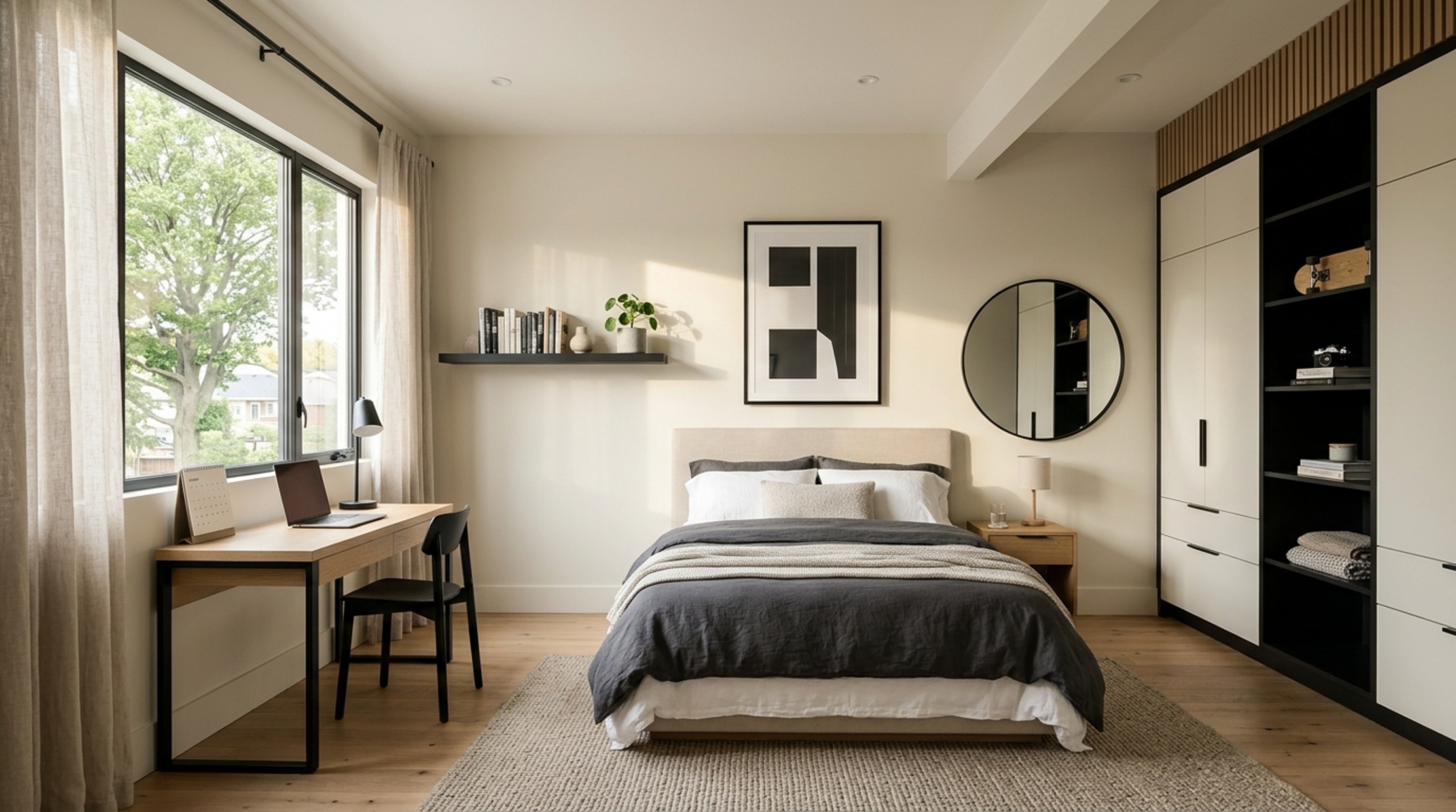 modern bedroom designs for teenagers ideas with a neutral palette of Swiss Coffee paint and matte black hardware in a minimalist architectural setting.