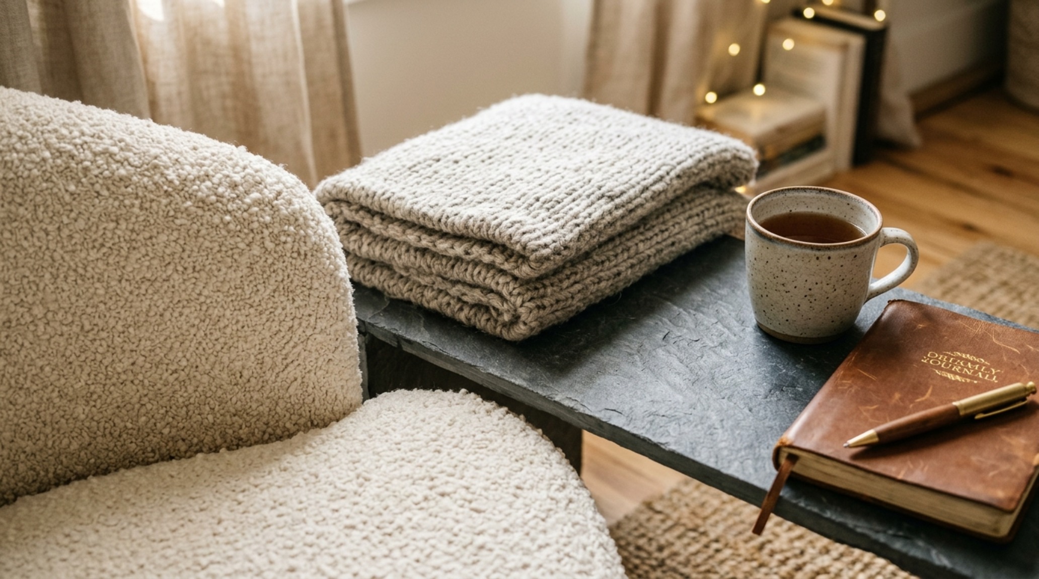 luxury bedroom designs for teenagers textures showcasing a nubby bouclé lounge chair paired with a honed slate side table for a high-contrast tactile finish.