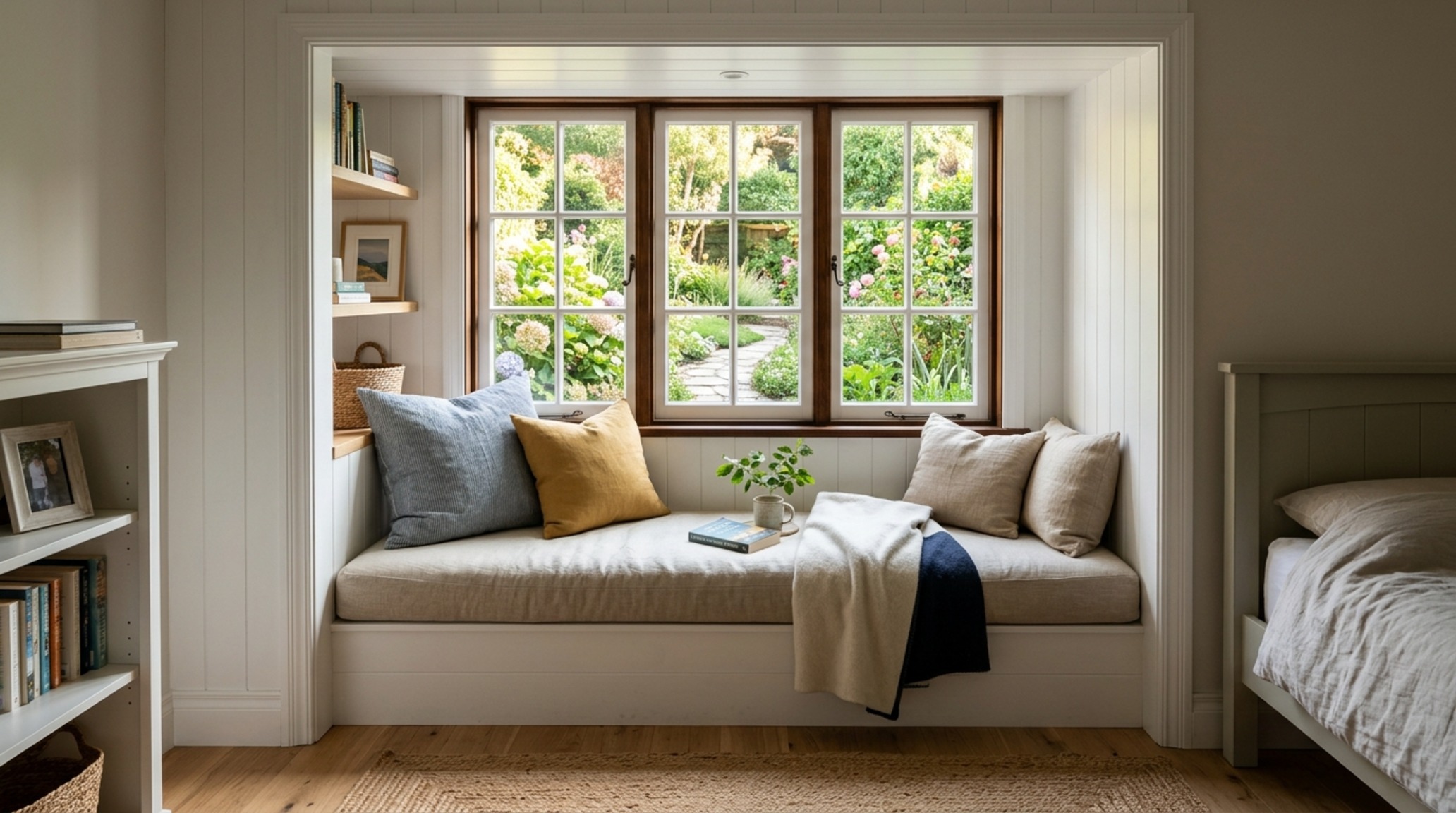 small space bedroom designs for teenagers featuring a window seat with hidden storage and 36-inch walkway clearance for optimal circulation.
