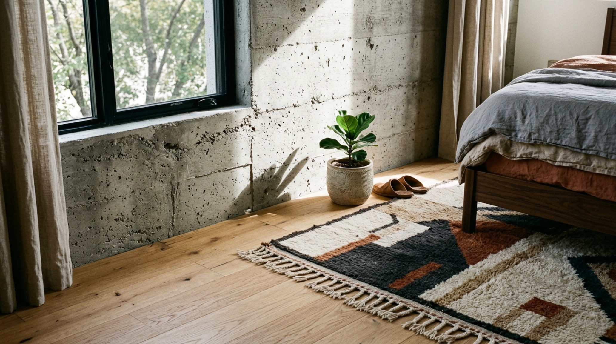 luxury bedroom designs for teenagers textures focusing on the intersection of a wool rug, raw concrete walls, and warm timber flooring.