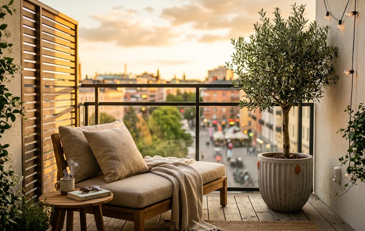 A wide-angle hero shot of a luxury small apartment balcony ideas layout featuring a low-slung teak lounge chair and an olive tree in a fluted concrete planter.