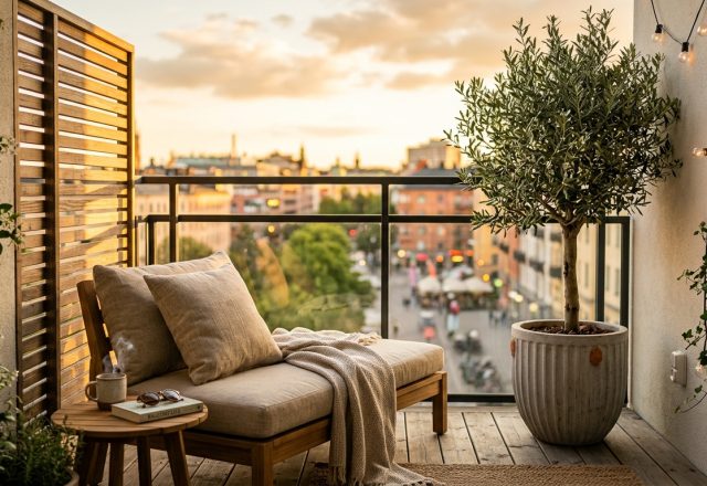 A wide-angle hero shot of a luxury small apartment balcony ideas layout featuring a low-slung teak lounge chair and an olive tree in a fluted concrete planter.