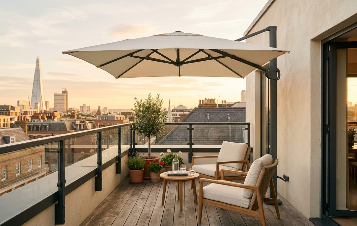 A serene urban balcony sanctuary featuring Benjamin Moore Swiss Coffee walls and a high-end cantilevered umbrella from the Best Patio Umbrellas Review.