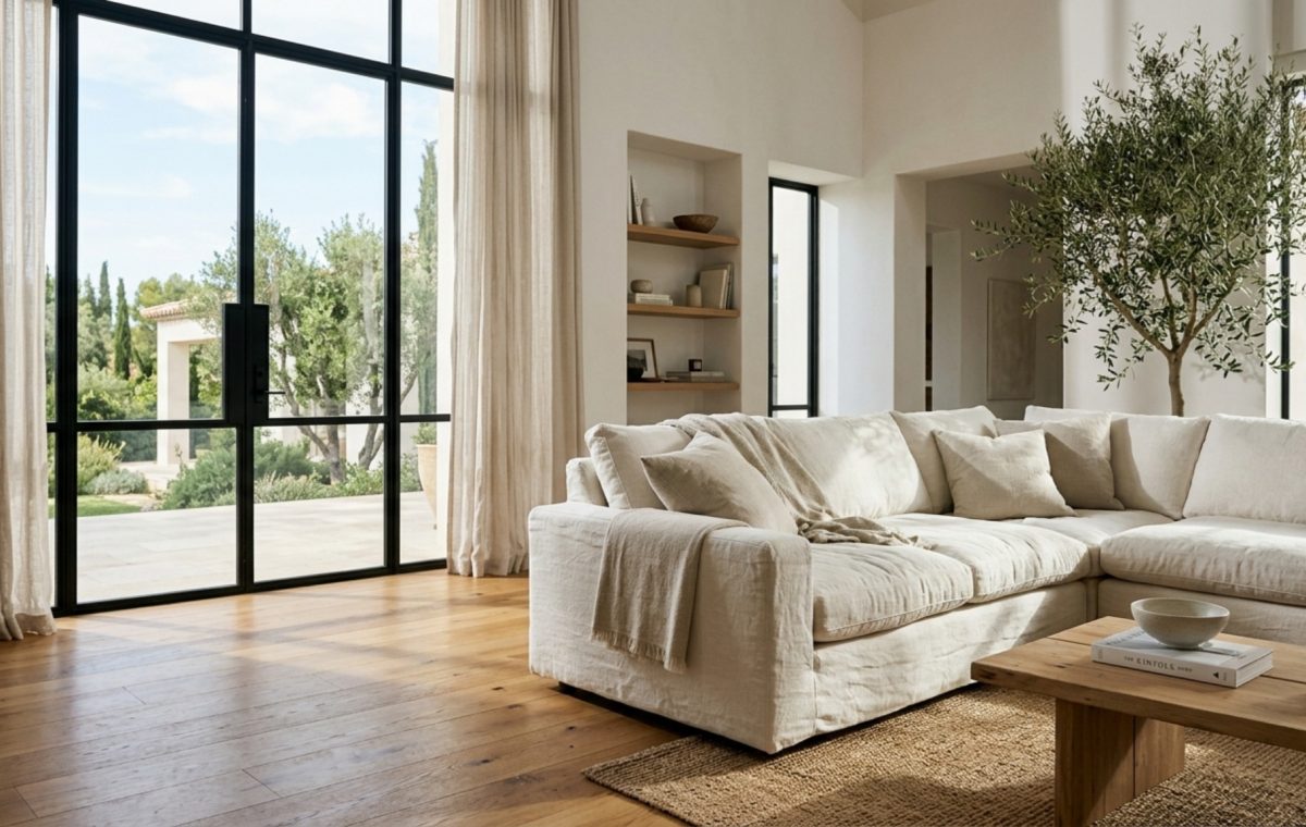 High-end living room featuring a Crate & Barrel Lounge sofa styled with linen pillows in a room with 36-inch walkway clearances and natural light.