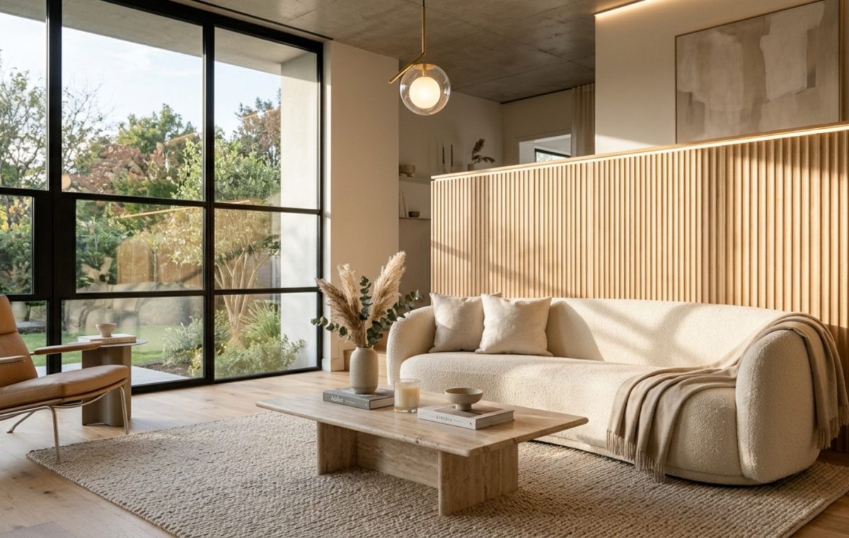 A sun-drenched living area featuring best house apartment april 2017 decor ideas with a bouclé curved sofa and fluted white oak wall panels under 2700K warm ambient lighting.