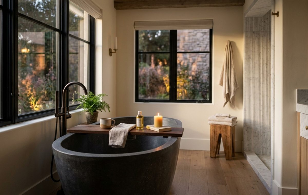 A wide-angle editorial shot of a freestanding white tub with a dark walnut tray, featuring a minimalist aesthetic and 2700K warm lighting in a room with Swiss Coffee walls.