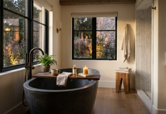 A wide-angle editorial shot of a freestanding white tub with a dark walnut tray, featuring a minimalist aesthetic and 2700K warm lighting in a room with Swiss Coffee walls.