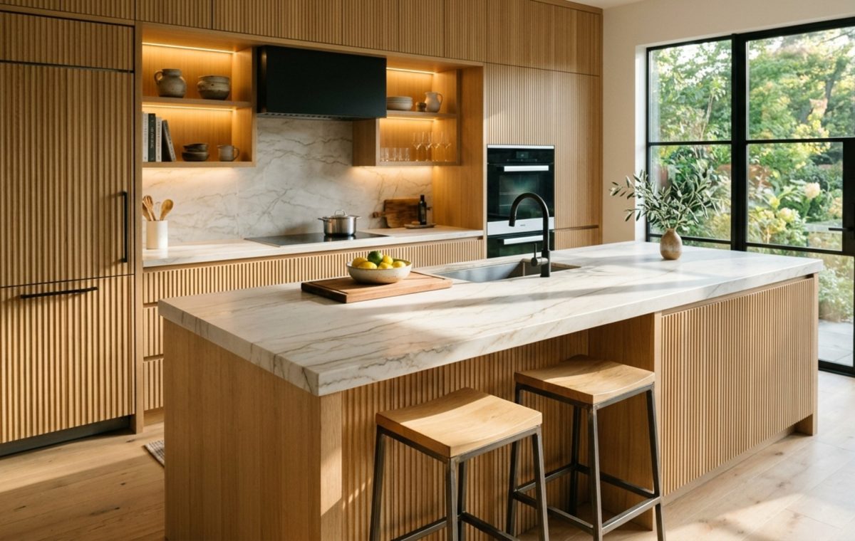modern best kitchen counter material ideas featuring a massive honed Taj Mahal quartzite island with mitred edges and integrated brass sink fixtures