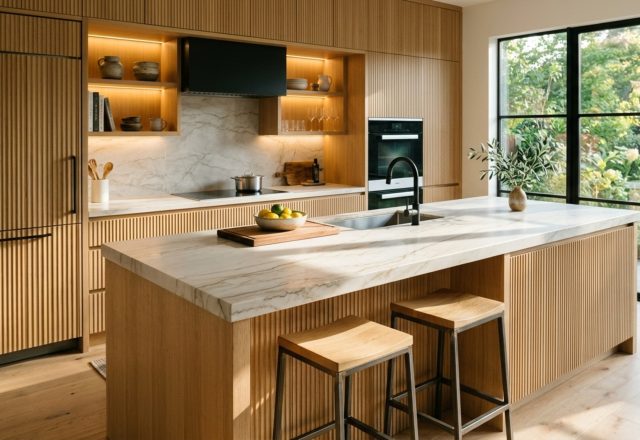 modern best kitchen counter material ideas featuring a massive honed Taj Mahal quartzite island with mitred edges and integrated brass sink fixtures