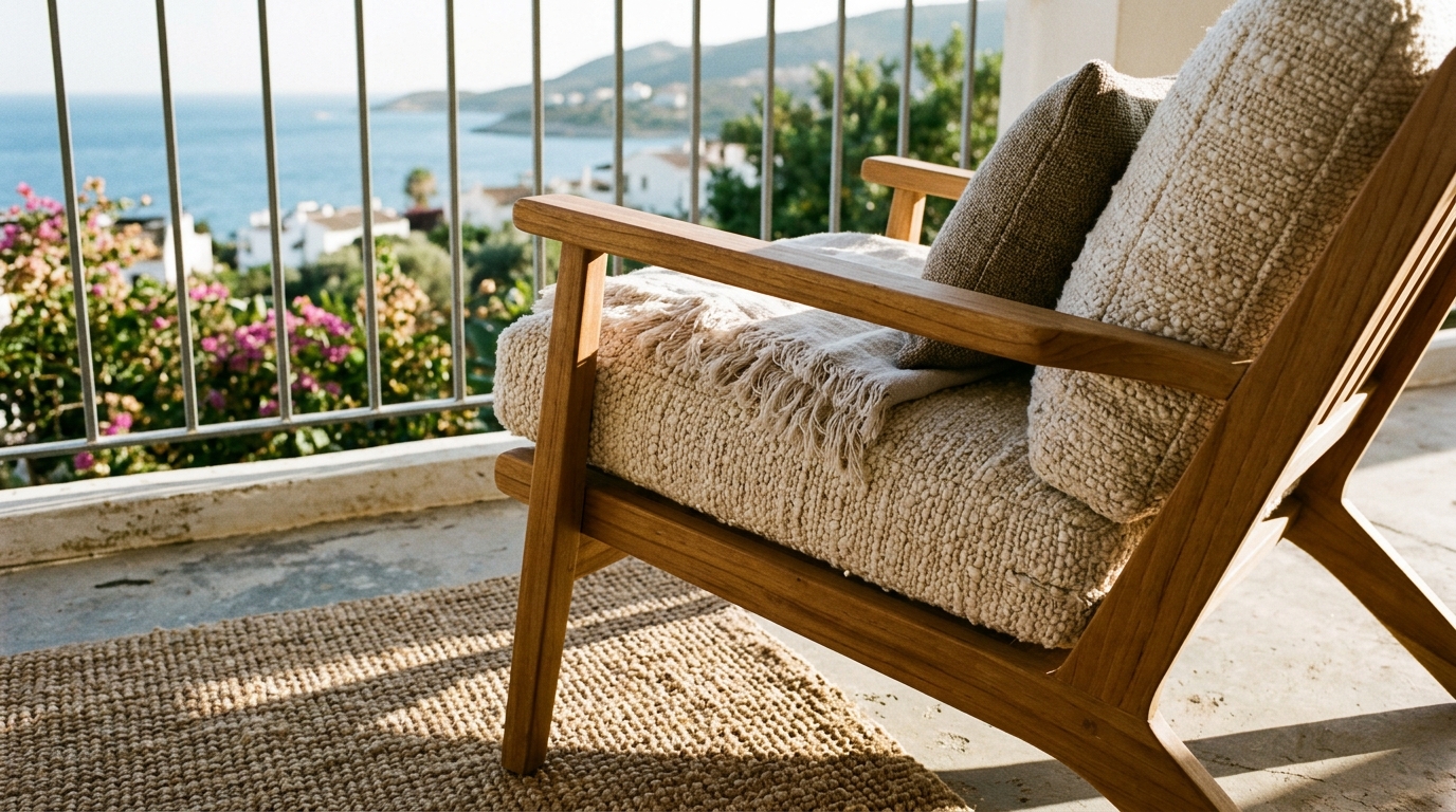 Luxury small apartment balcony ideas textures showcasing a mix of outdoor boucle cushions and a sisal rug.