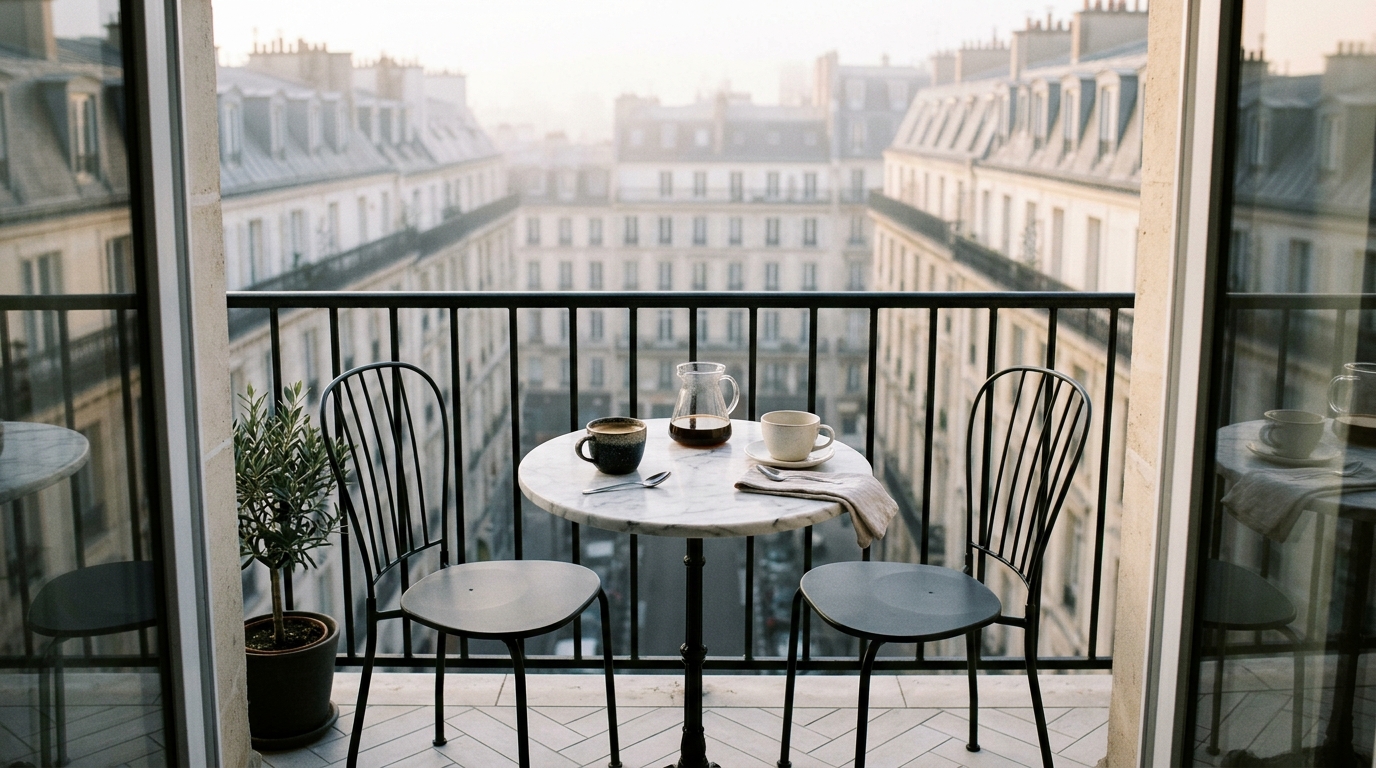 Small apartment balcony ideas layout for a morning coffee nook with a view of the skyline.