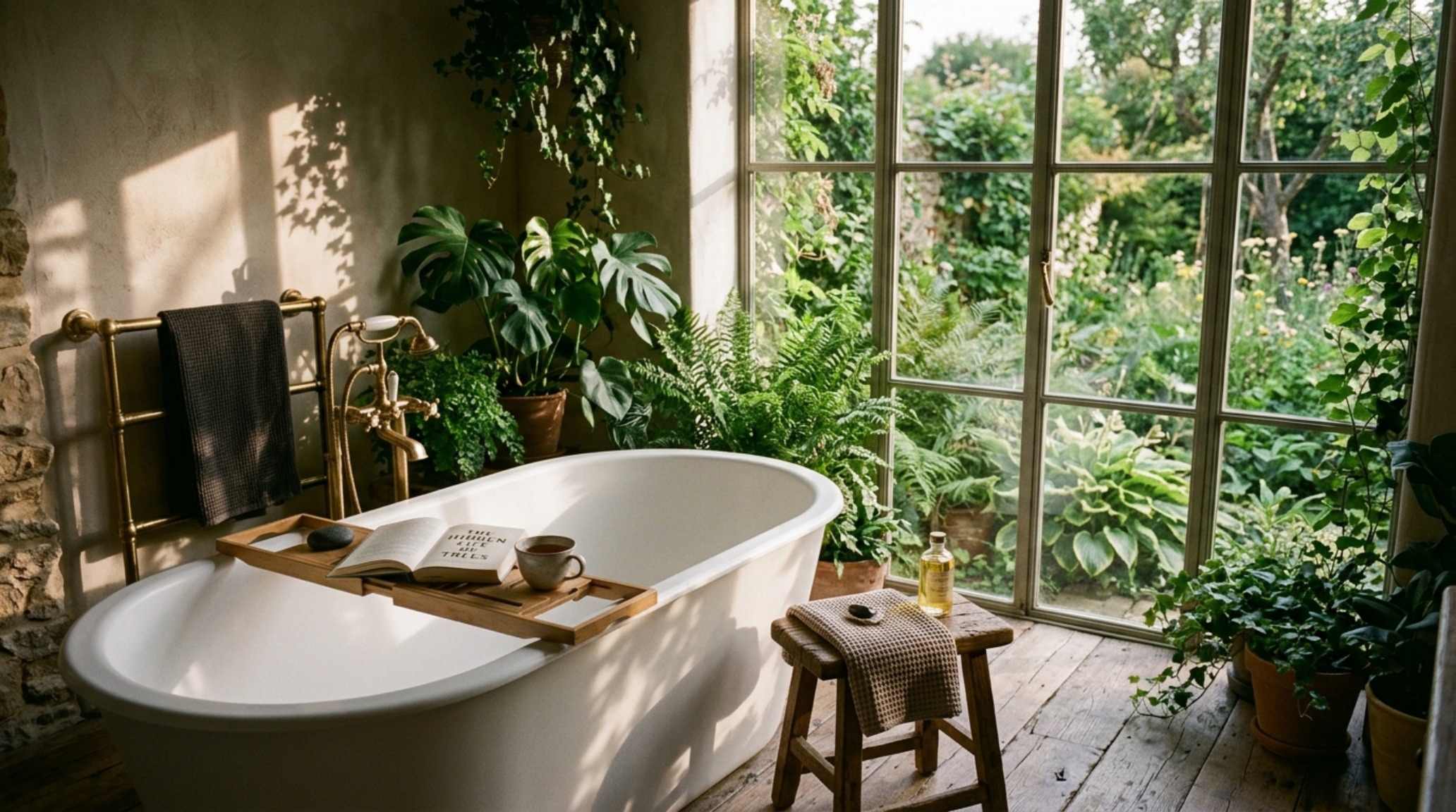 Editorial bathroom shot featuring a bathtub tray styled with the rule of thirds, using low profile dishes and a tall slender vase under diffused afternoon sunlight.