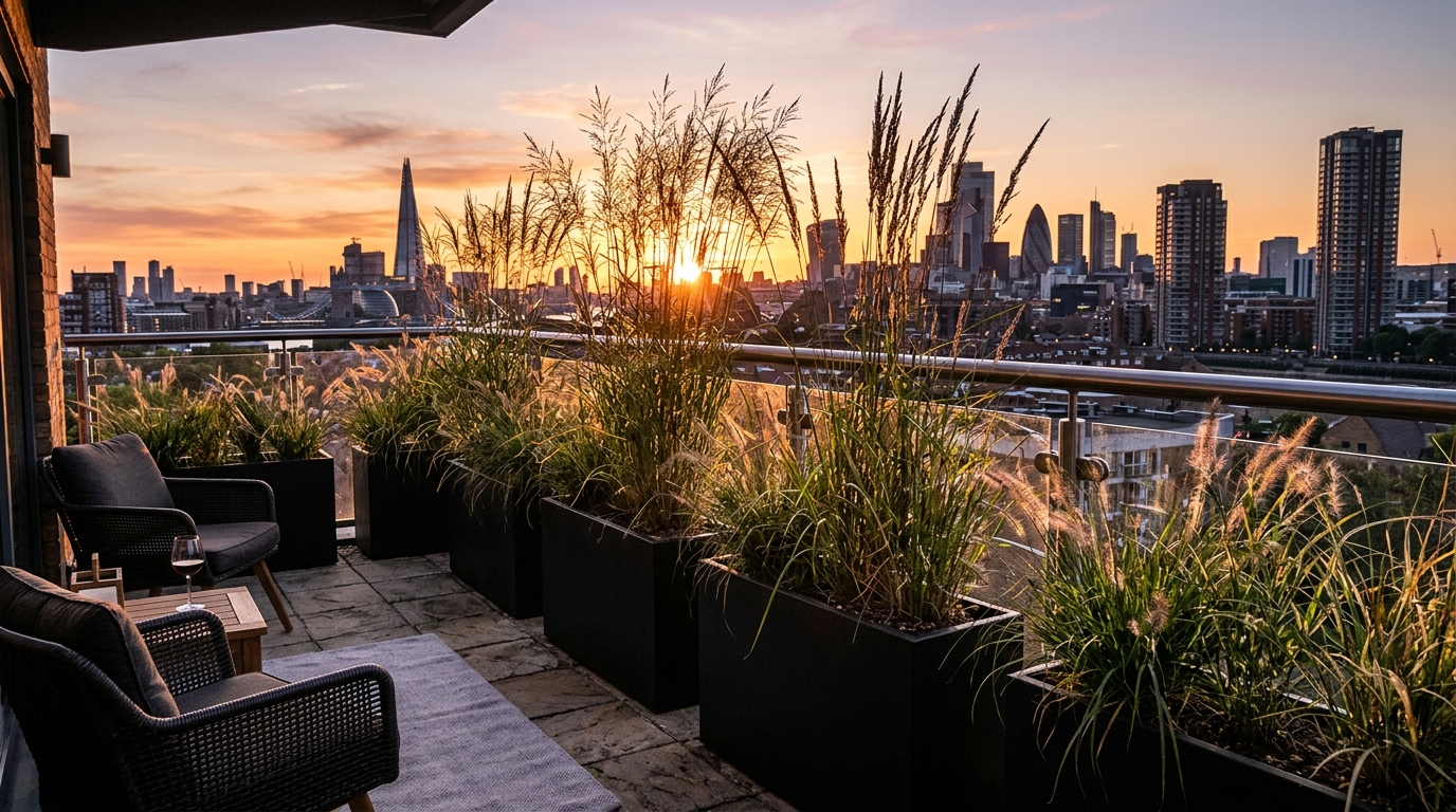 Minimalist black metal planters housing tall grasses to create natural privacy on an urban terrace.