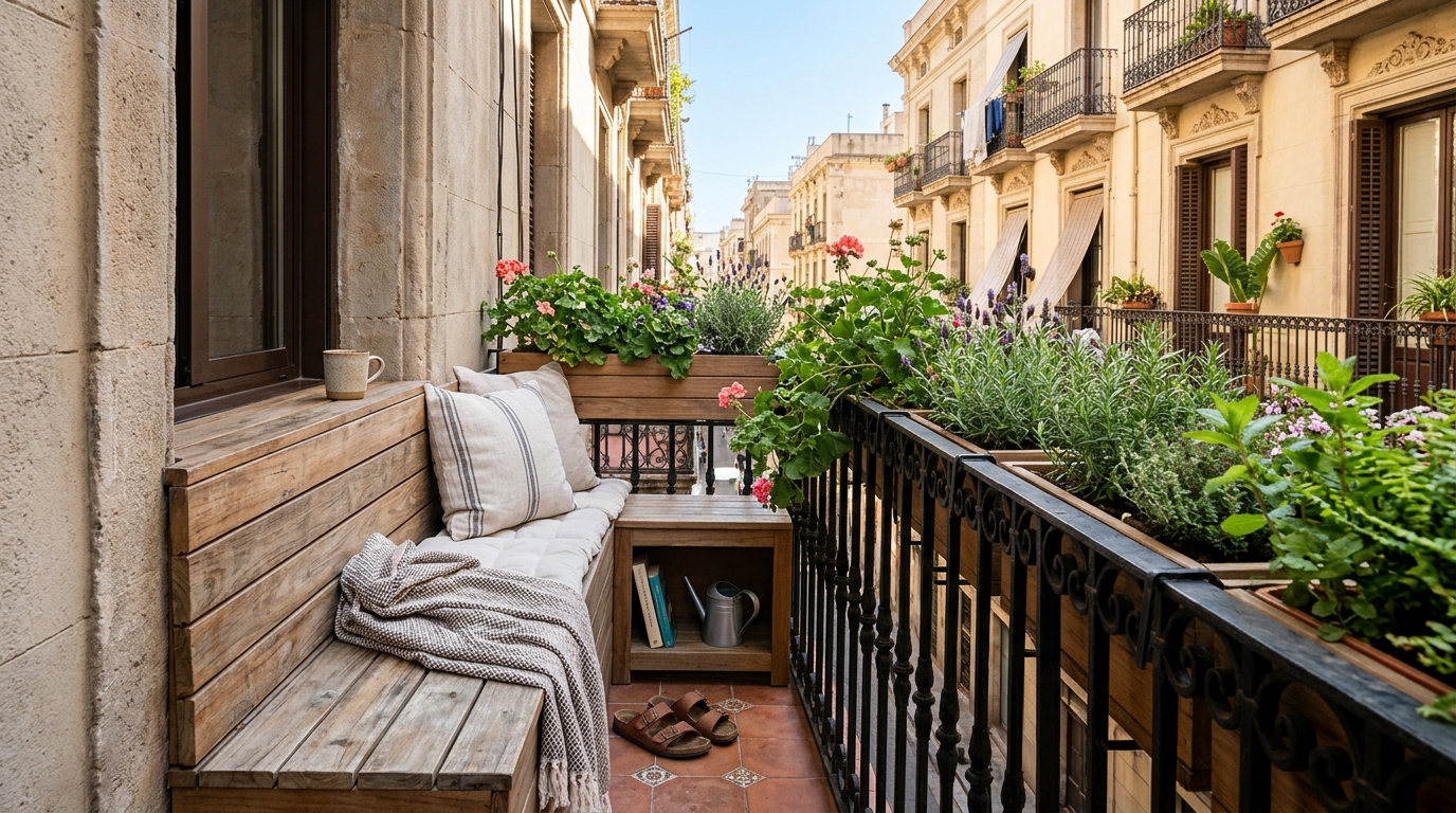 A narrow balcony layout utilizing a built-in wooden banquette to maximize the five-foot depth.