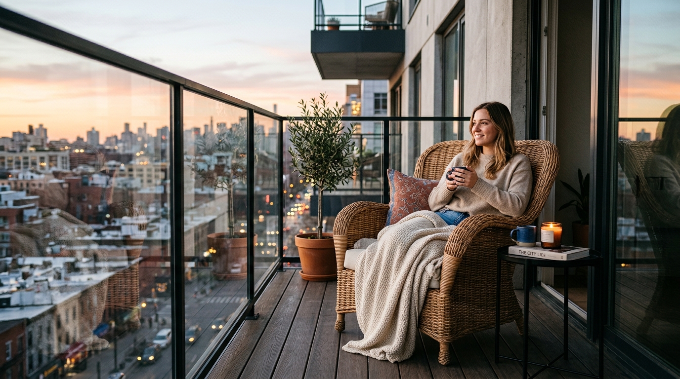 Hand-woven wicker chair paired with a modern small apartment balcony ideas ideas aesthetic and a soft cashmere throw.