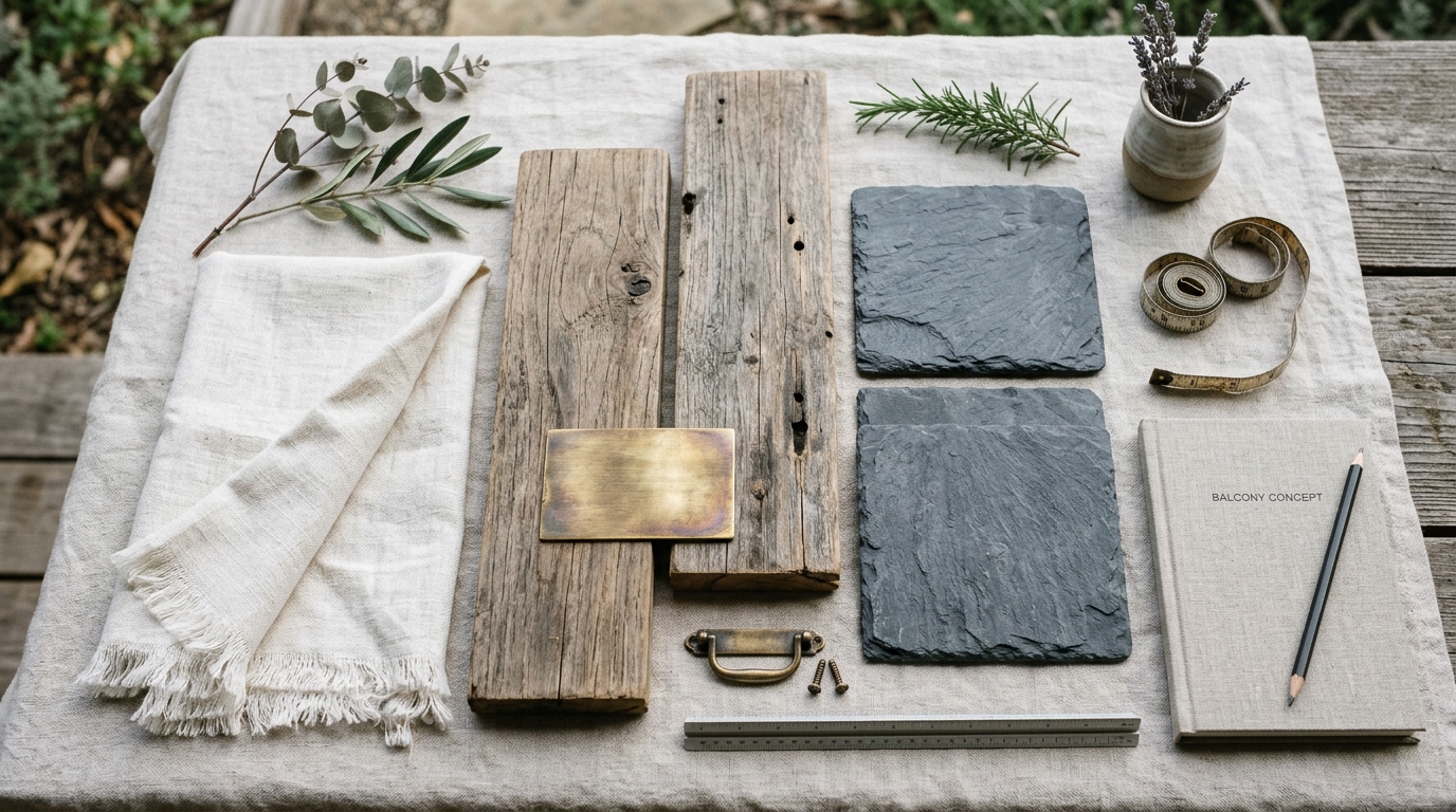 Luxury small apartment balcony ideas textures featuring a woven jute rug and matte powder-coated furniture.