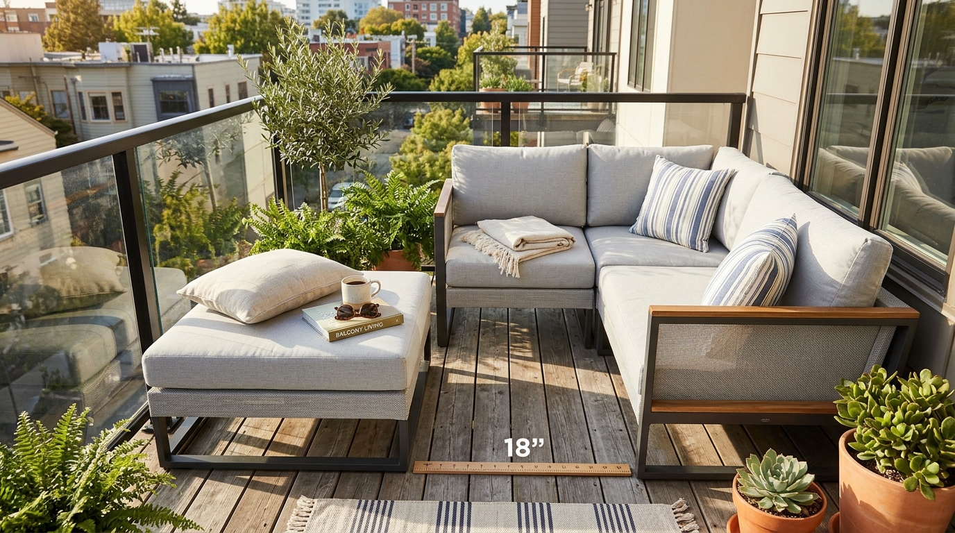 The 18-inch ergonomic reach between a modular outdoor sofa and a matching ottoman used as a coffee table.