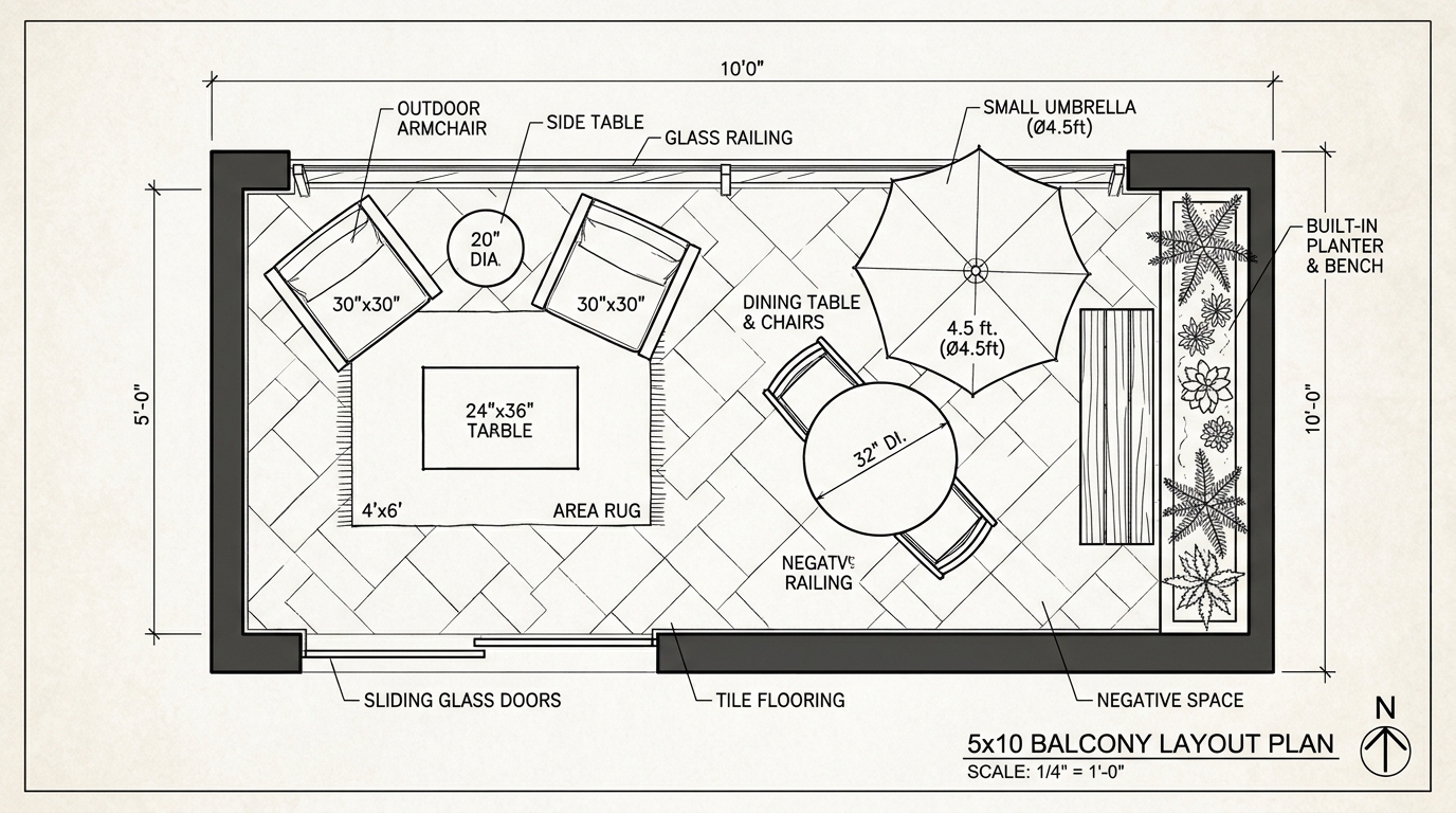 Top-down architectural plan view of a 50-square-foot balcony optimized for flow and comfort.