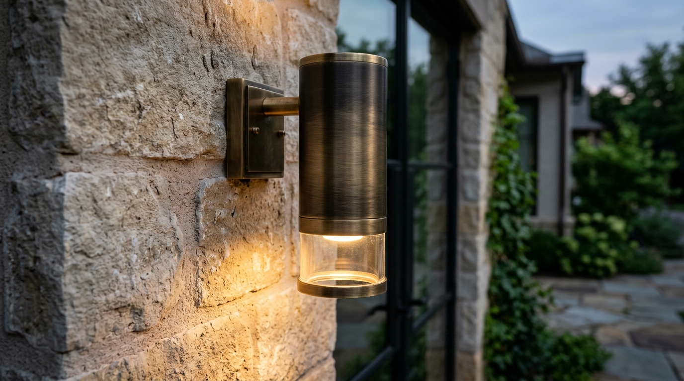 Brushed brass outdoor light fixture casting a warm 2700K glow over a small dining bistro set.