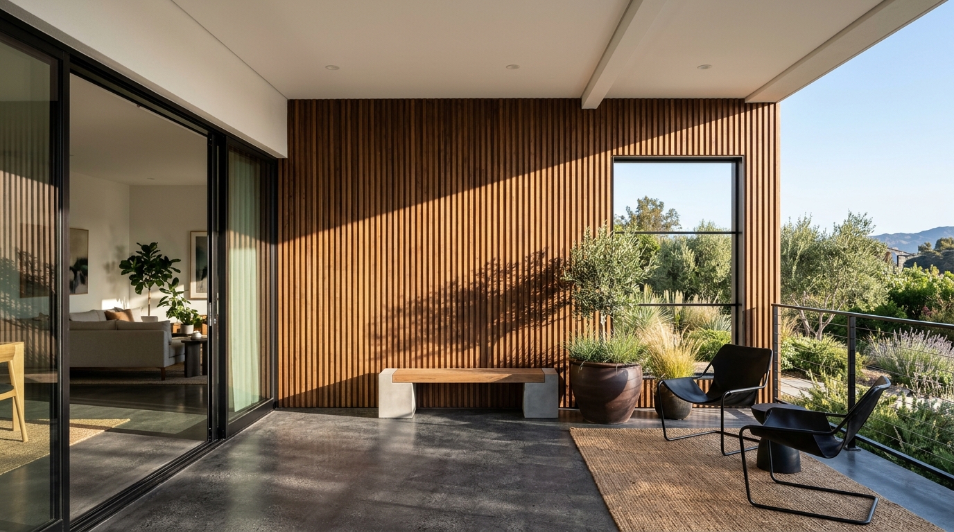 Warm sunset light hitting a fluted wood accent wall on a modern balcony.