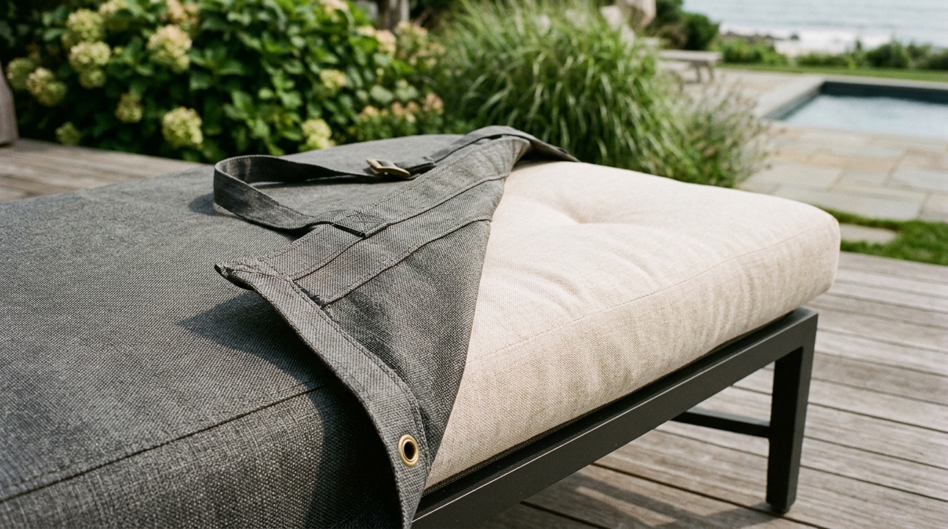 Deep-seated lounge chair with a high-denier polyester cover partially pulled back to reveal vibrant cushions.