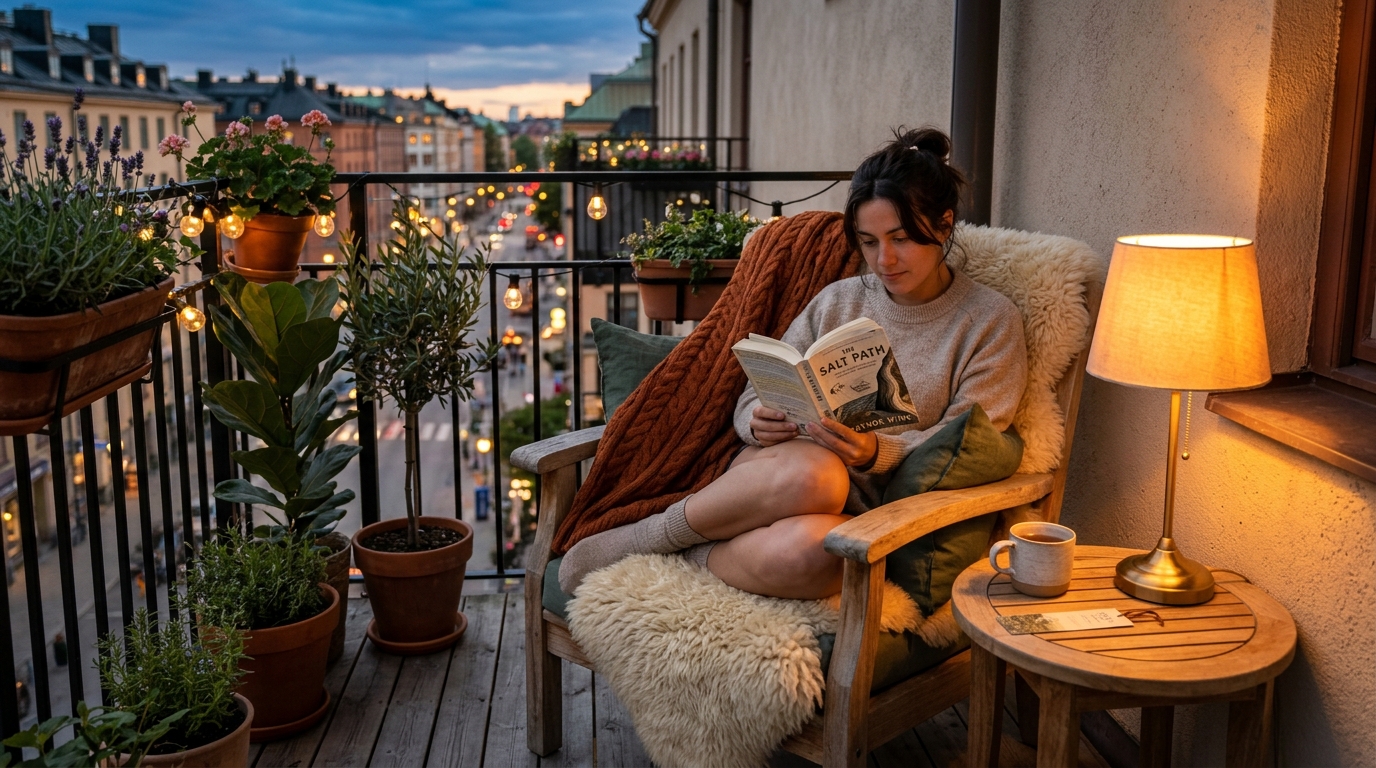 A chic outdoor reading corner with a low-profile lounge chair and a high-CRI reading lamp.