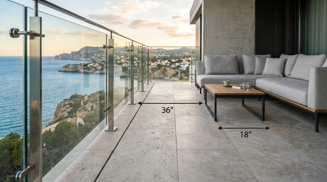 Architectural floor-level view showing the 36-inch walkway clearance and 18-inch coffee table reach on a modern balcony.