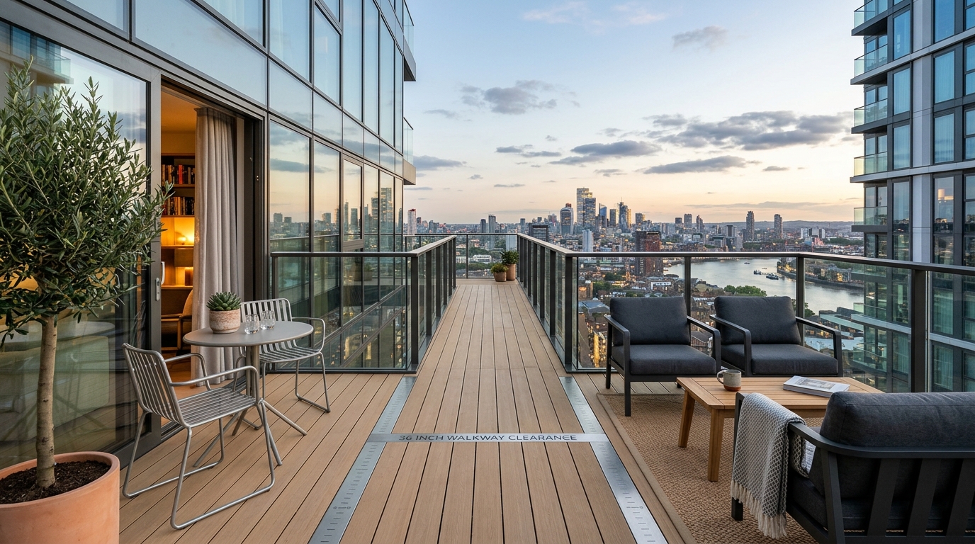 Small apartment balcony ideas architecture showing a 36-inch walkway clearance and minimalist furniture for optimal spatial flow.