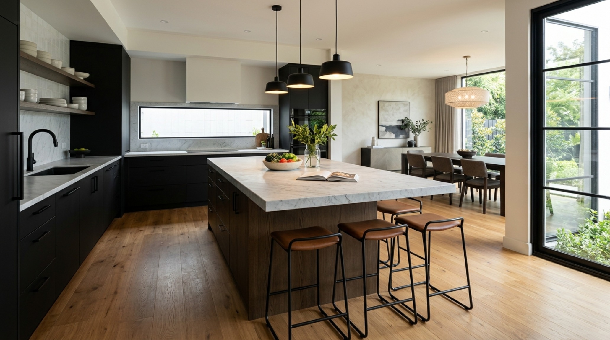 Editorial kitchen design with honed travertine countertops and custom walnut cabinetry, demonstrating best house apartment april 2017 decor ideas layout and 36-inch walkway clearances.