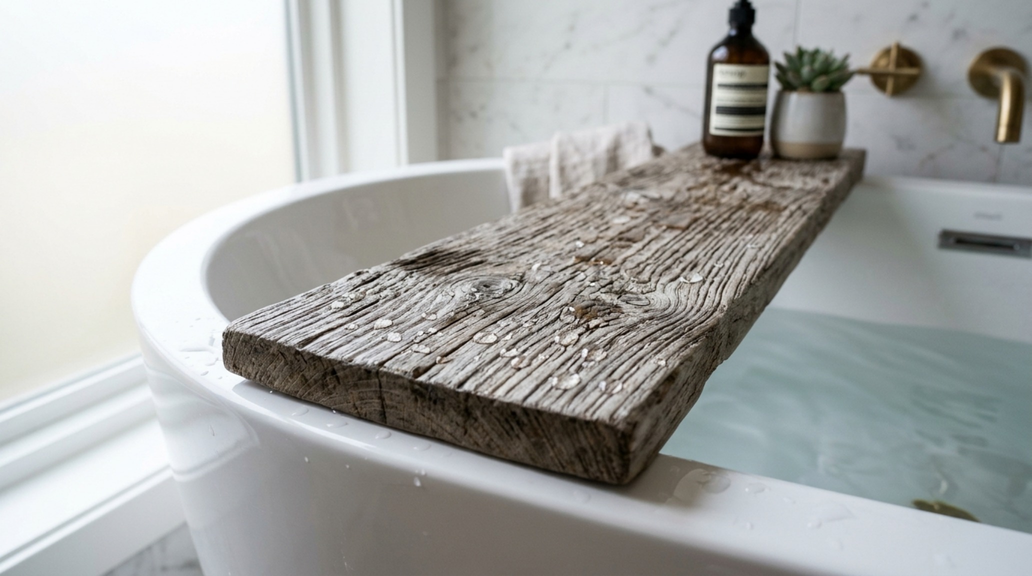 Macro photography of a live-edge teak bathtub tray showing rich grain textures and moisture-resistant oil finish against a stone tub rim.