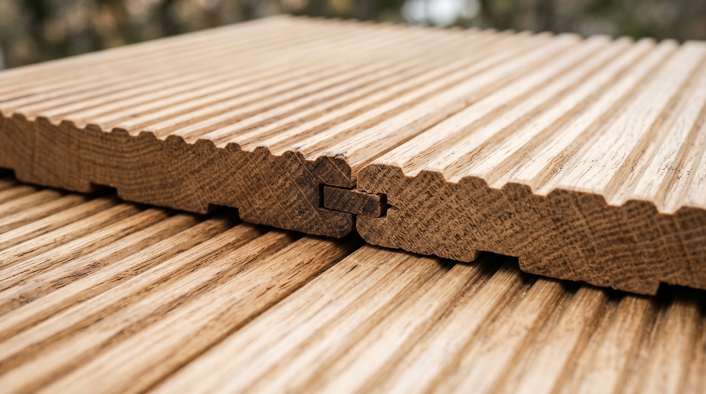 Macro shot of fluted white oak deck tiles showing the precision of the interlocking architectural joints.