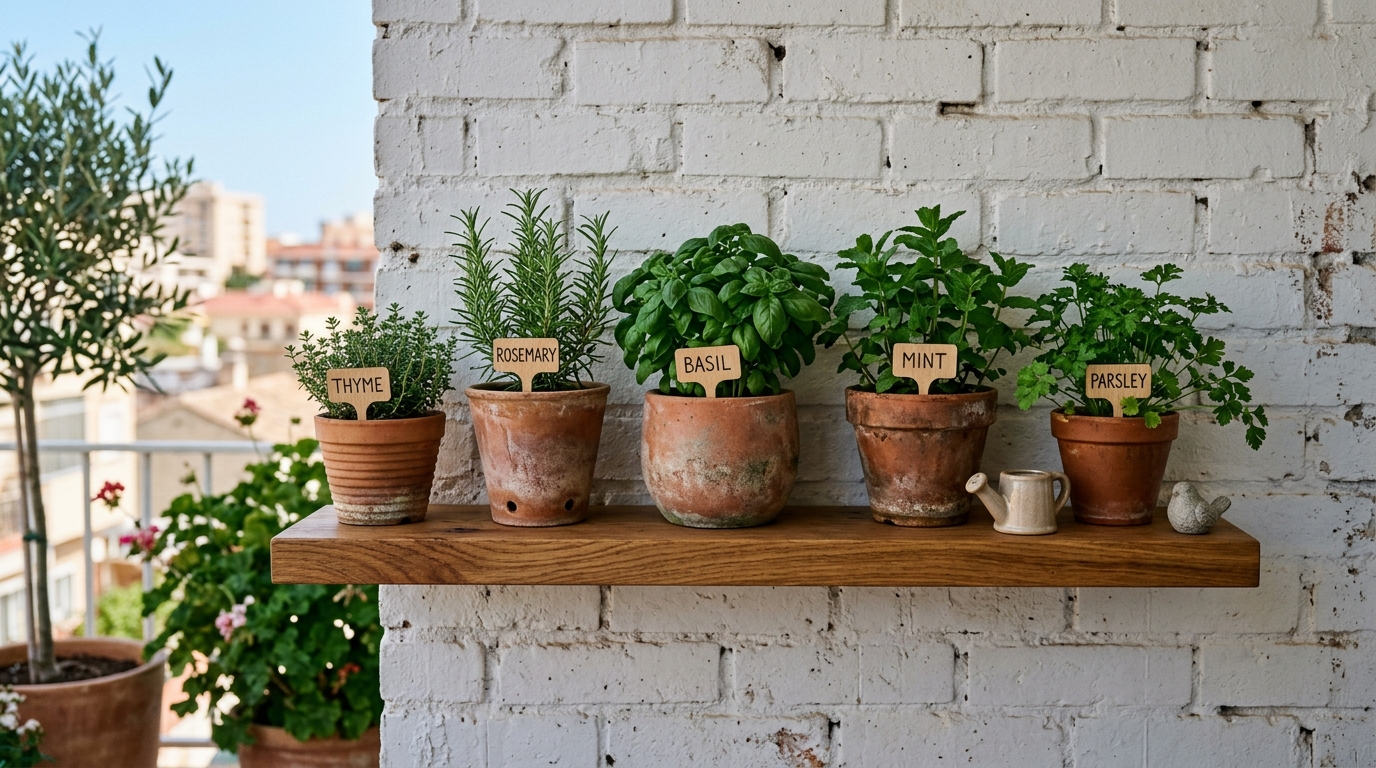 Vertical herb garden with custom terracotta pots on a small apartment balcony.