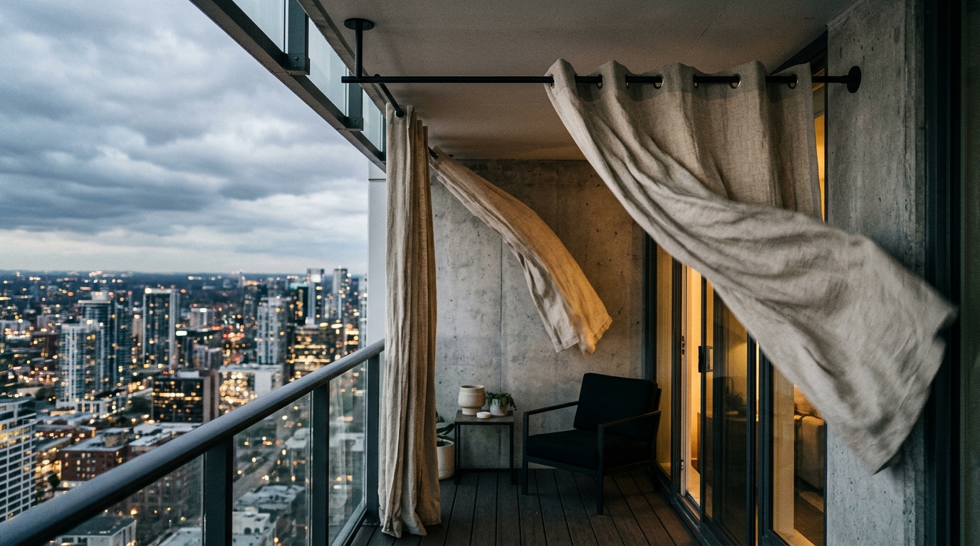 The contrast of industrial steel railings and soft outdoor linen drapery for privacy.
