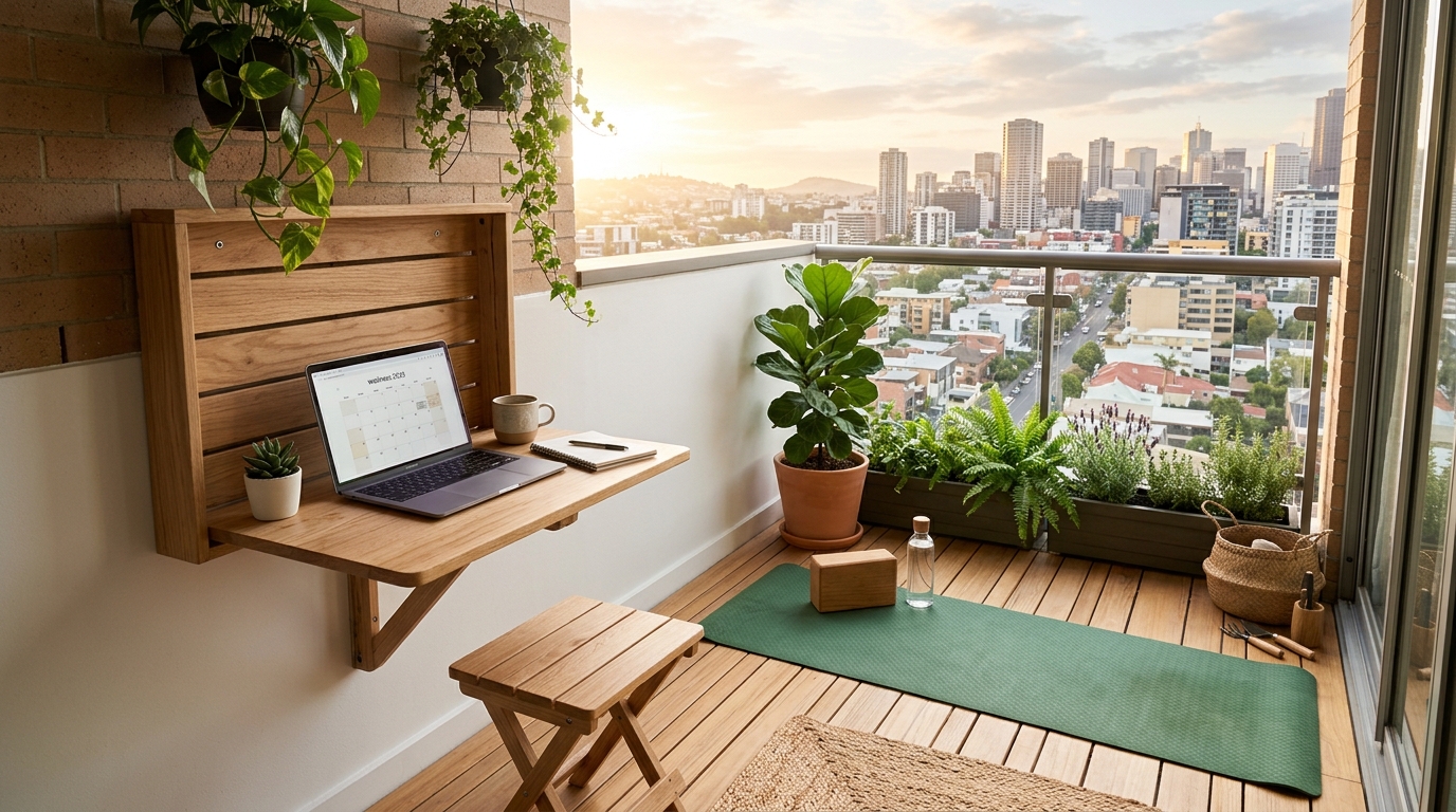 Small space small apartment balcony ideas showing a folding table and stacking chairs for multi-functional use.
