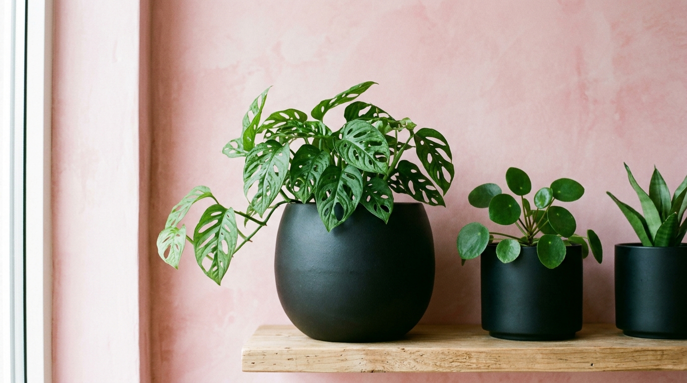 Matte black planters contrasting against a Farrow & Ball Setting Plaster pink limewashed balcony wall.
