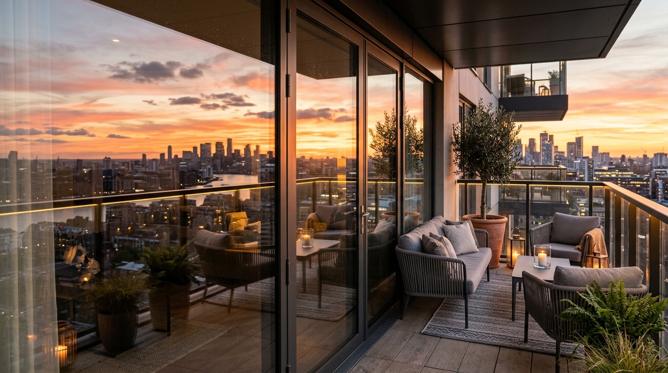 Reflective glass sliding doors doubling the visual depth of a curated outdoor space.