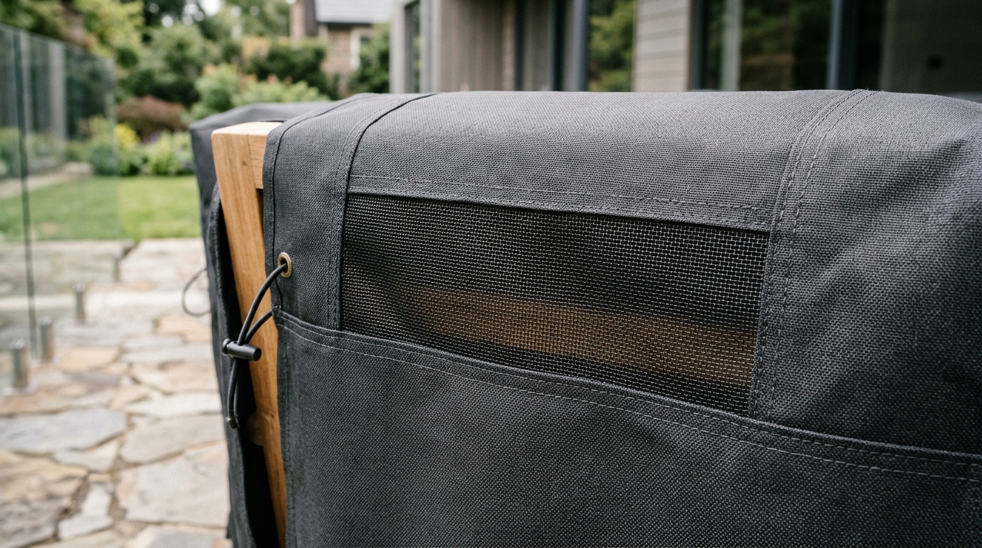 Close-up of a weather-resistant breathable mesh insert on a premium patio furniture cover.