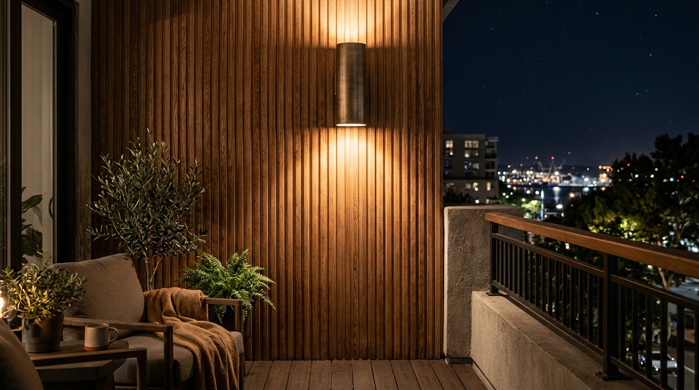 Architectural lighting detail: a 2700K wall sconce washing light over a textured stone surface.