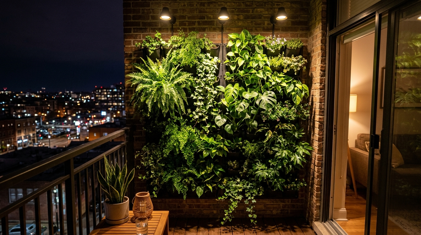 Refined small apartment balcony ideas lighting guide showing recessed floor spots highlighting a vertical garden.