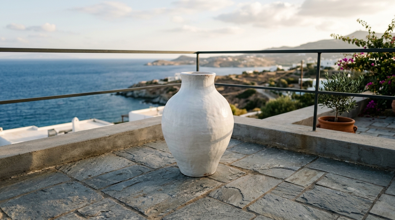 An oversized ceramic planter acting as a focal point in a minimalist balcony composition.