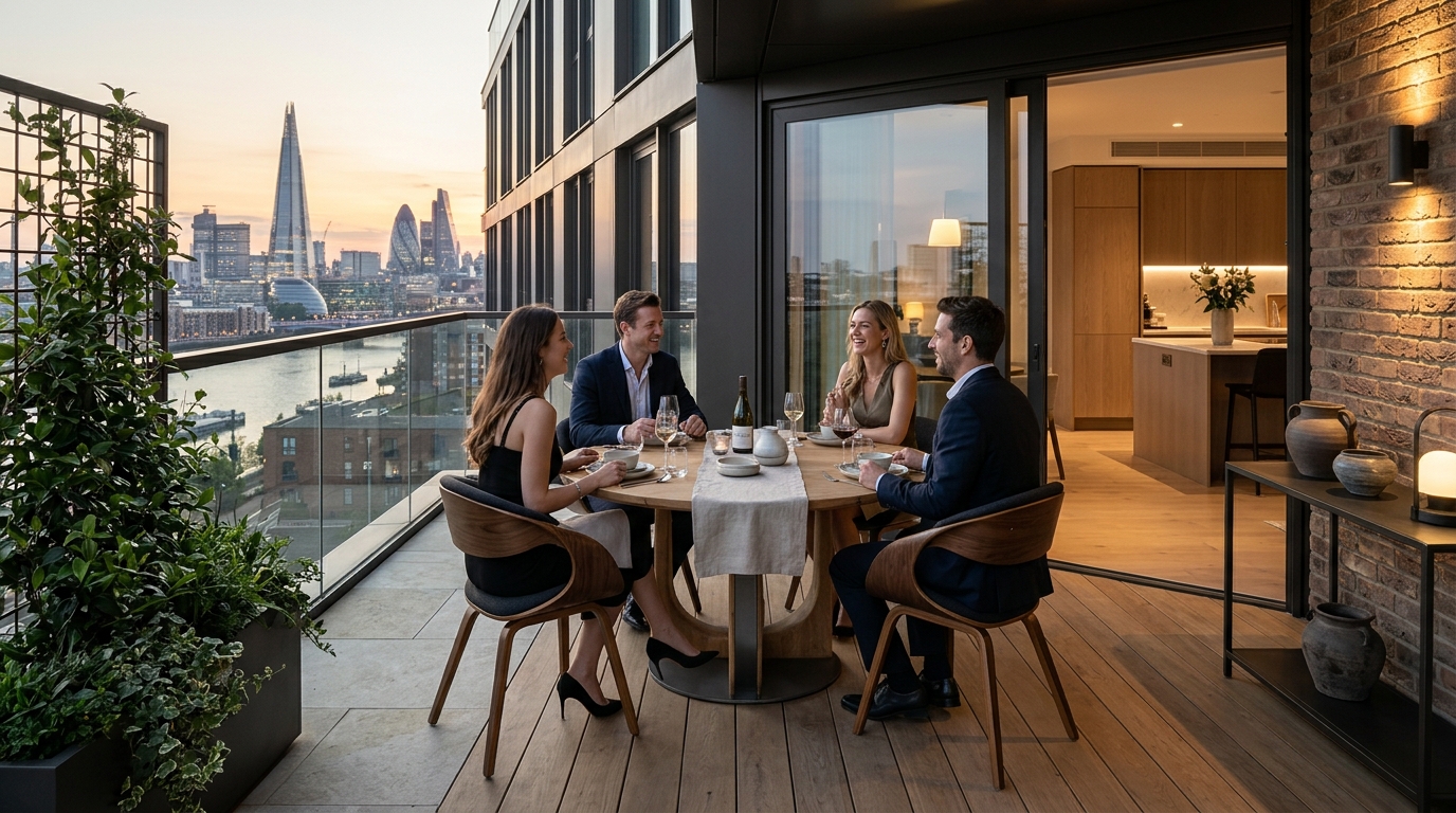 Modern urban balcony with a high-end teak dining table and 30-inch clearance for sculptural chairs.