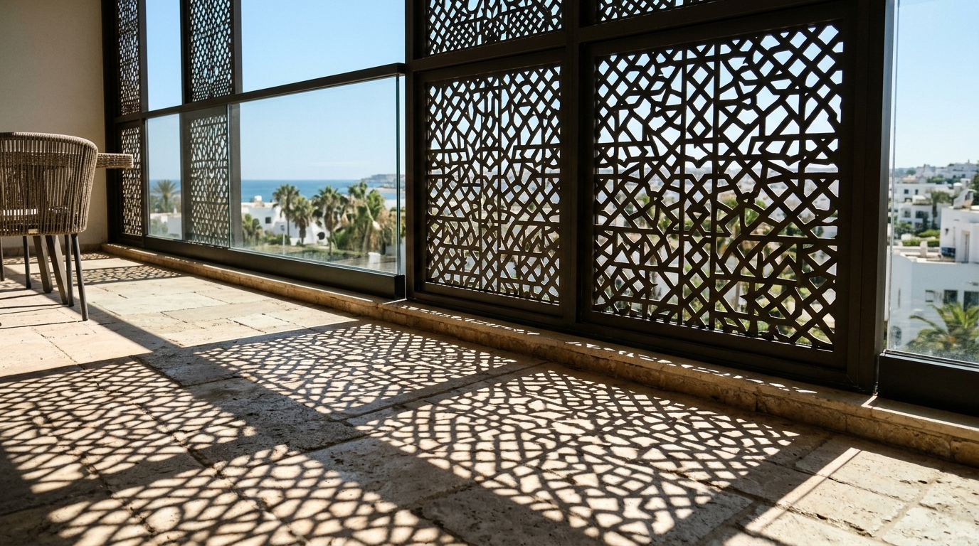 Natural light filtering through a perforated metal screen on a modern high-rise balcony.