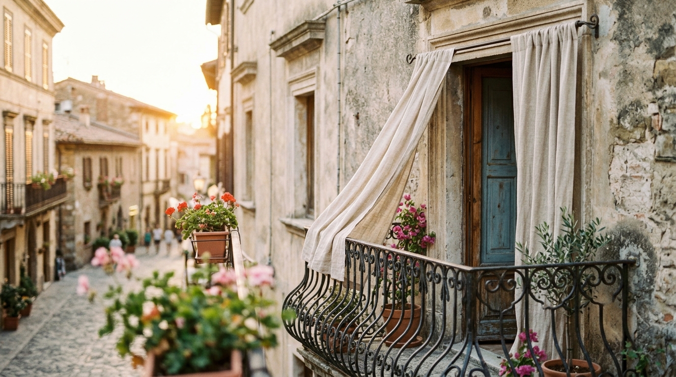 Soft diffused light through linen-look outdoor curtains on a Juliet balcony in a historic building.