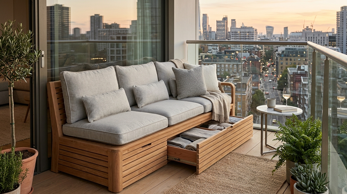 Small apartment balcony ideas ergonomics: a custom-depth bench designed for small-scale relaxation.