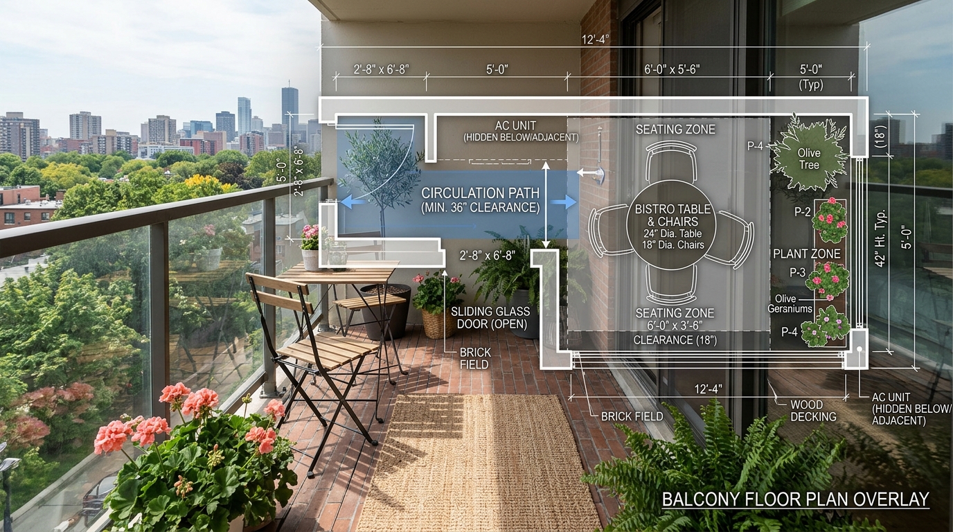Top-down architectural sketch of a balcony layout superimposed over a photograph of the finished space.