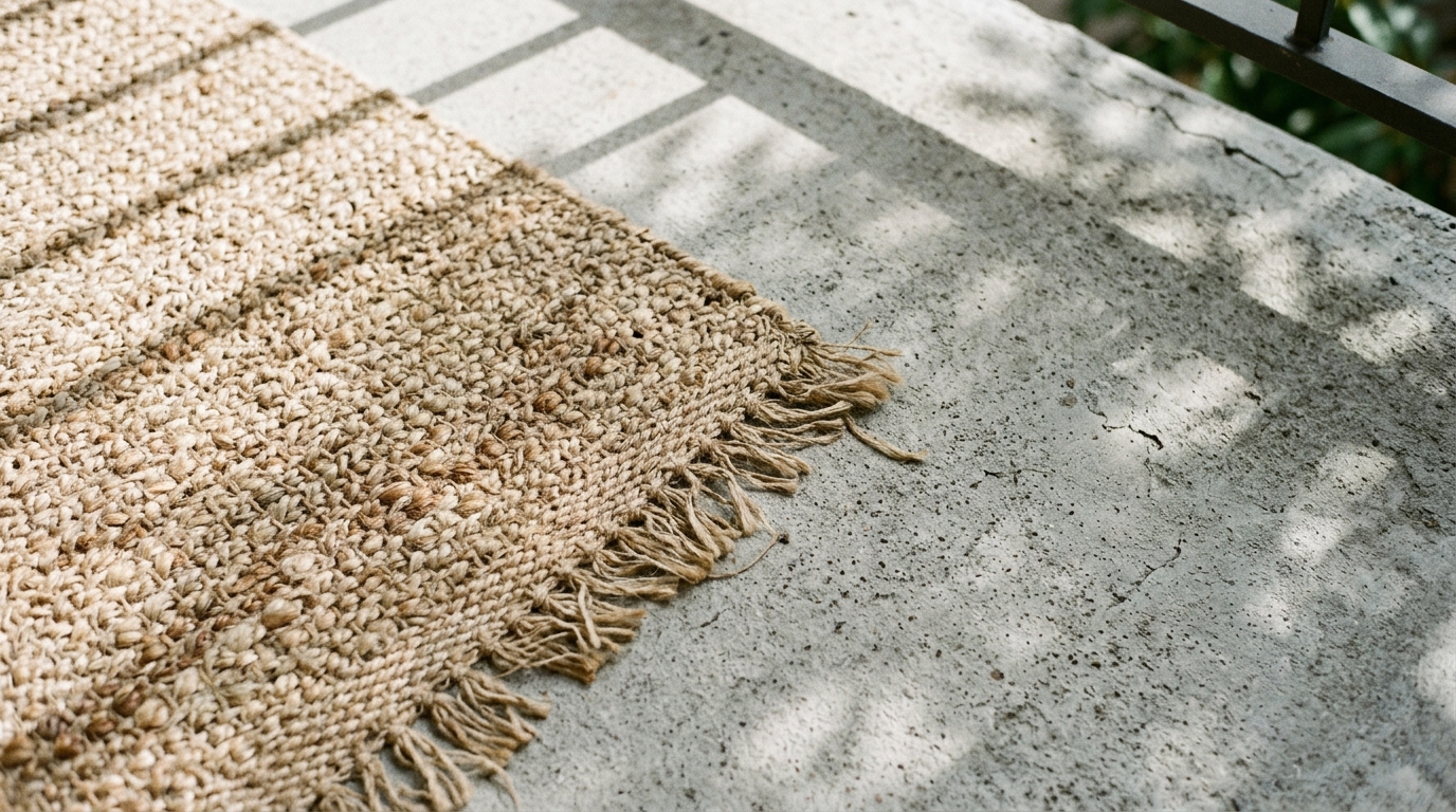 Tactile grounding of a plush outdoor rug over concrete, featuring natural jute and recycled poly fibers.