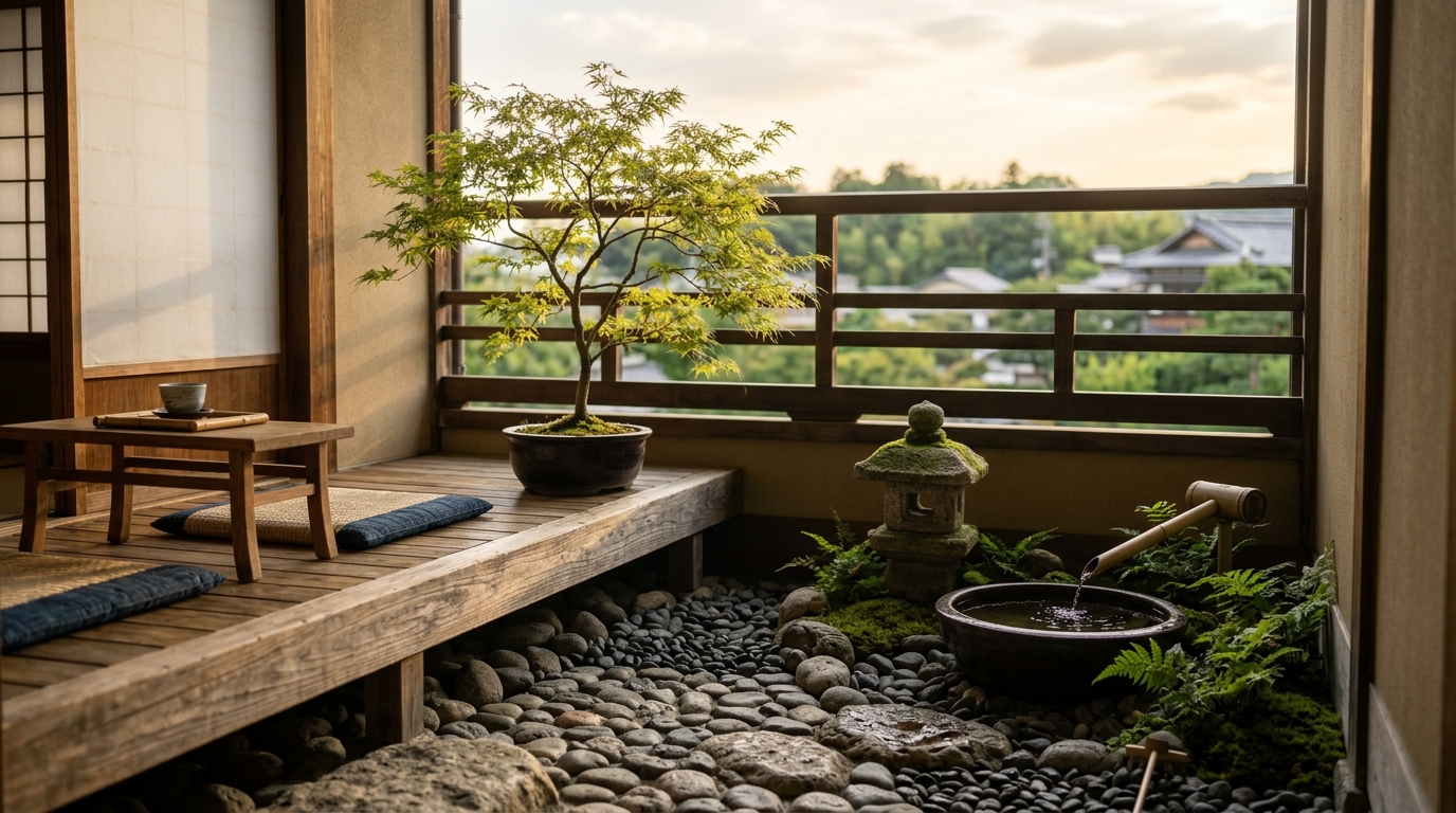 Zen-inspired balcony with river stones, a small water feature, and low-voltage lighting.