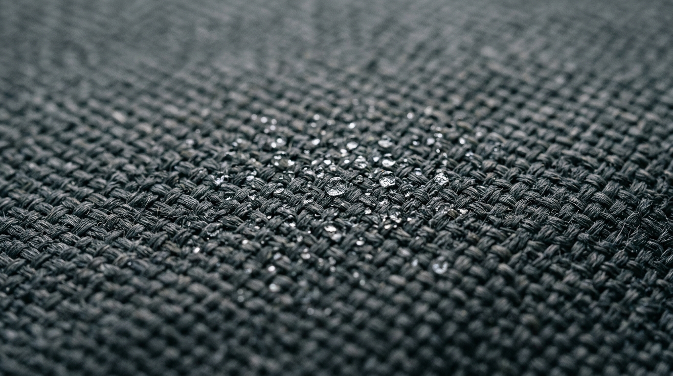 Close-up macro shot of the tactile material of Best Patio Furniture Covers in a heavy-weight slate charcoal canvas texture.