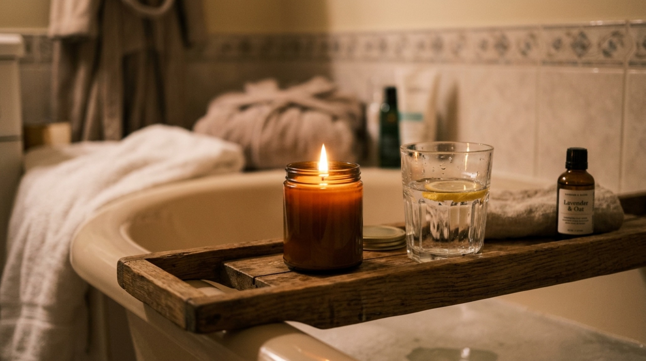 Atmospheric lighting setup in a master bathroom with a bathtub tray illuminated by warm 2700K pinspots, highlighting shadow play and high CRI color rendering.