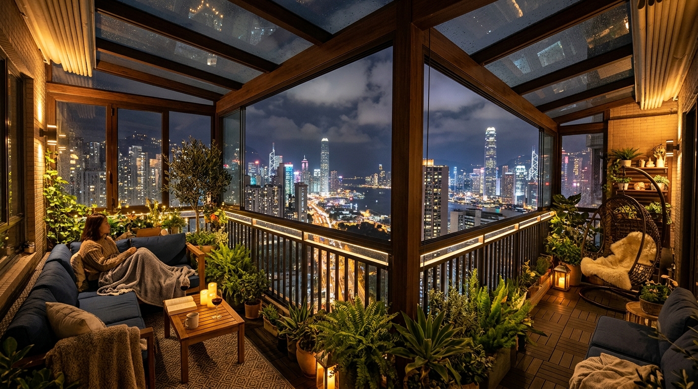 The final architectural reflection of a balcony sanctuary at night, glowing with warm 2700K light against the city skyline.